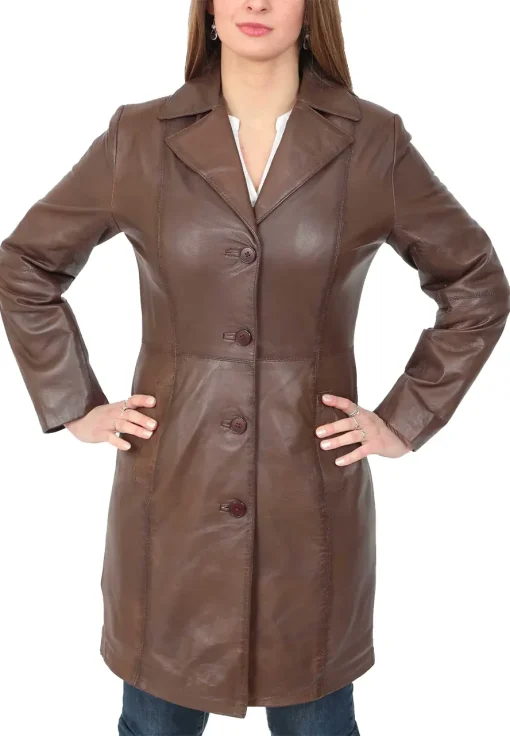 womens-button-fasten-brown-faux-leather-coat