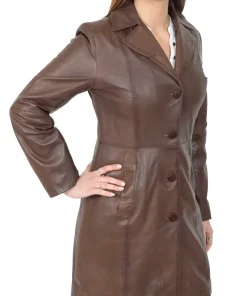 womens-button-fasten-brown-faux-leather-coat