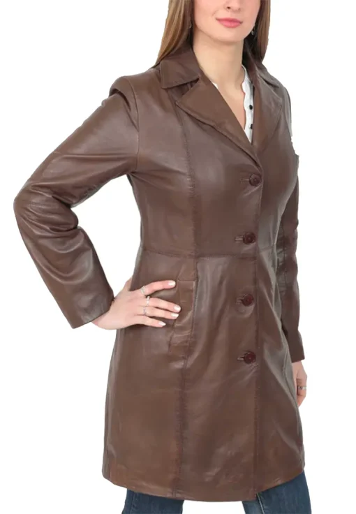 womens-button-fasten-brown-faux-leather-coat
