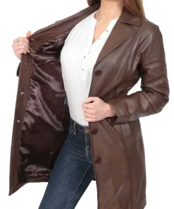 womens-button-fasten-brown-faux-leather-coat