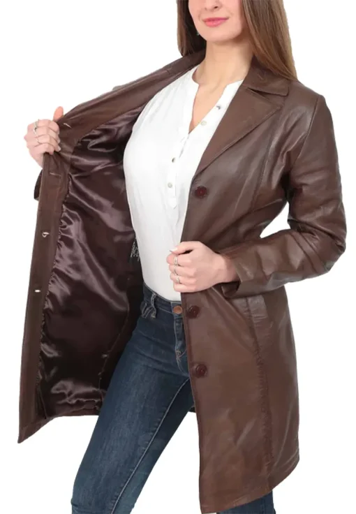 womens-button-fasten-brown-faux-leather-coat
