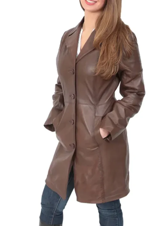 womens-button-fasten-brown-faux-leather-coat