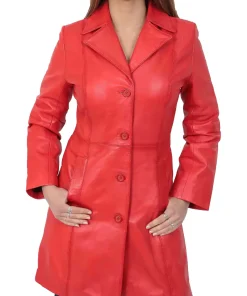 womens-button-fasten-red-faux-leather-coat