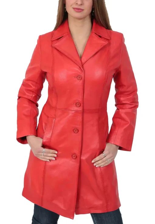 womens-button-fasten-red-faux-leather-coat
