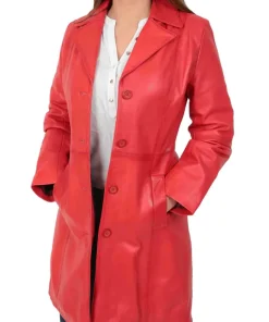 womens-button-fasten-red-faux-leather-coat
