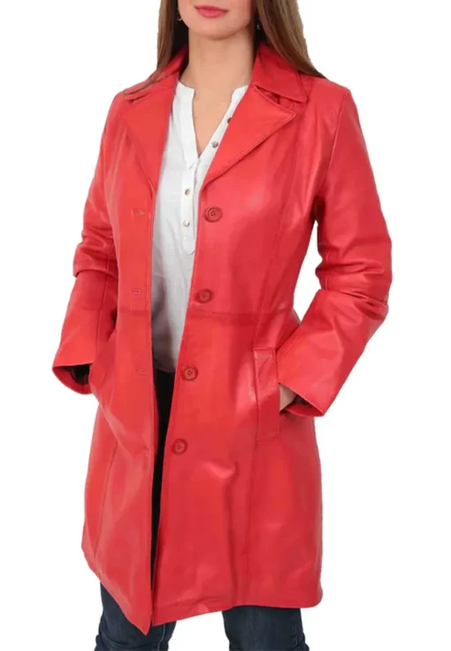womens-button-fasten-red-faux-leather-coat