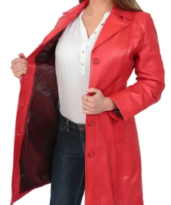 womens-button-fasten-red-faux-leather-coat