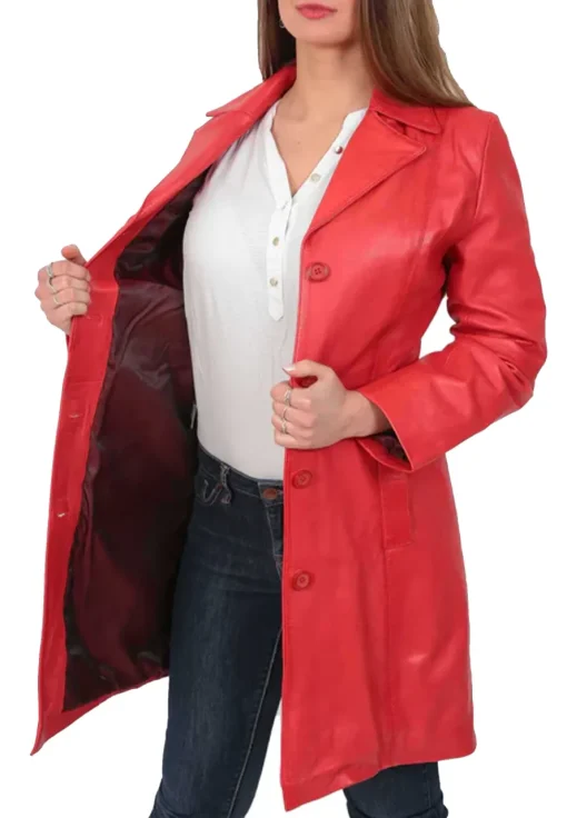 womens-button-fasten-red-faux-leather-coat