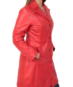 womens-button-fasten-red-faux-leather-coat