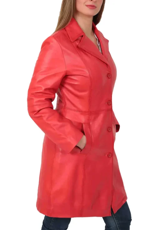 womens-button-fasten-red-faux-leather-coat