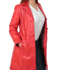 womens-button-fasten-red-faux-leather-coat