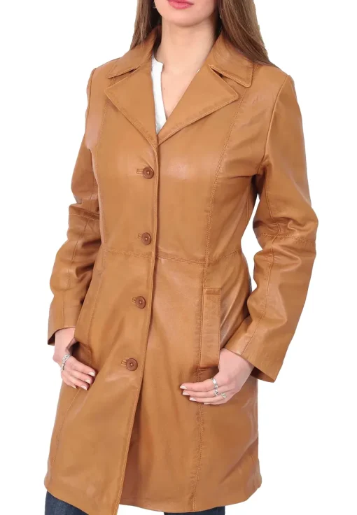 womens-button-fasten-tan-faux-leather-coat
