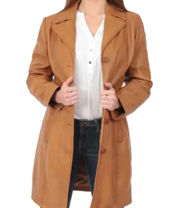 womens-button-fasten-tan-faux-leather-coat