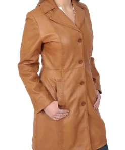 womens-button-fasten-tan-faux-leather-coat