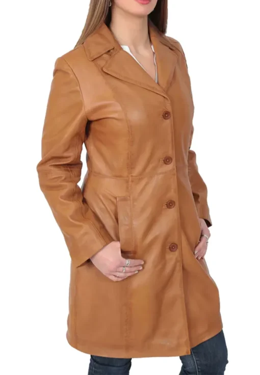 womens-button-fasten-tan-faux-leather-coat