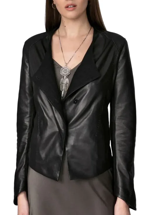 Women’s Button Front Black Faux Leather Jacket - Image 4