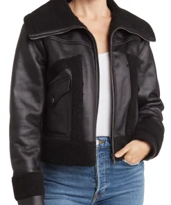 womens-flap-pockets-black-faux-leather-shearling-jacket