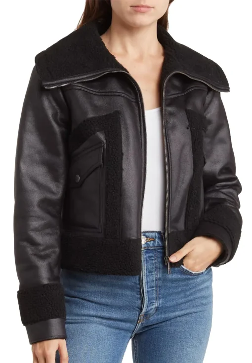 womens-flap-pockets-black-faux-leather-shearling-jacket