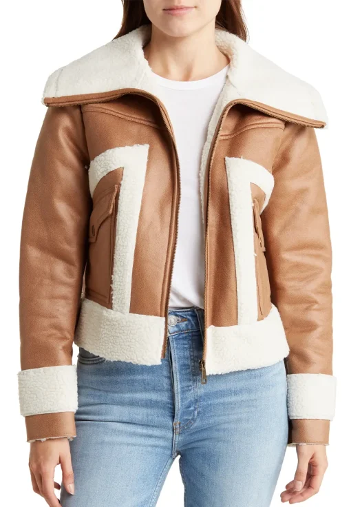 womens-flap-pockets-brown-faux-leather-shearling-jacket