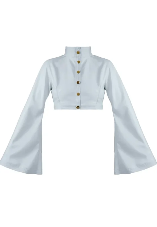 womens-flute-sleeve-blue-faux-leather-cropped-jacket