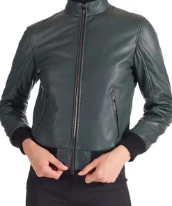 womens-green-faux-leather-bomber-jacket