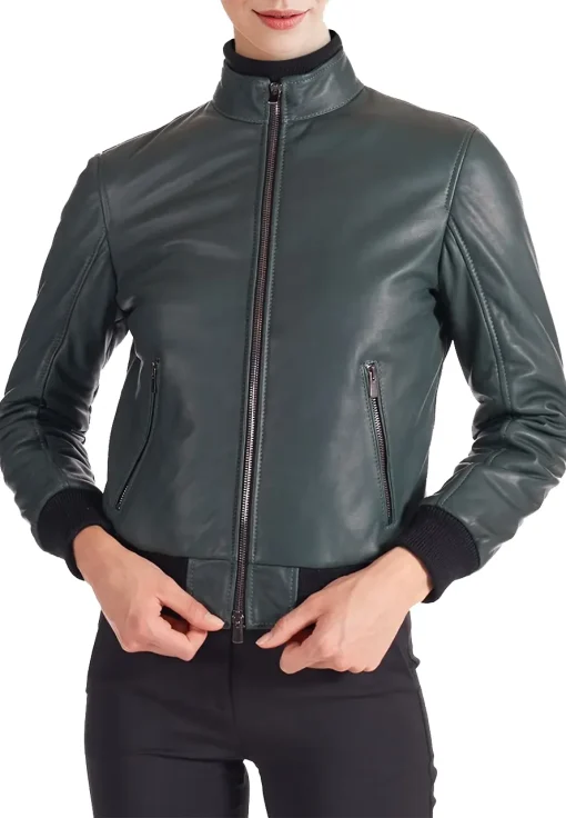 womens-green-faux-leather-bomber-jacket