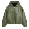 womens green leather hooded jacket