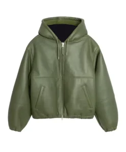 womens green leather hooded jacket
