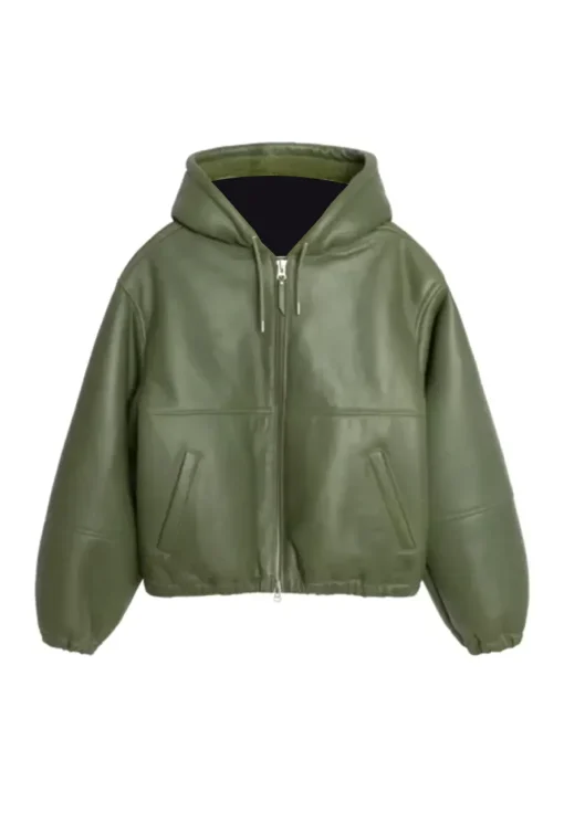 womens green leather hooded jacket