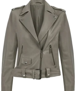 Women’s Grey Biker Faux Leather Belted Jacket