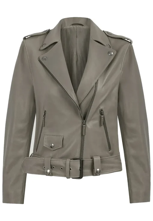 Women’s Grey Biker Faux Leather Belted Jacket
