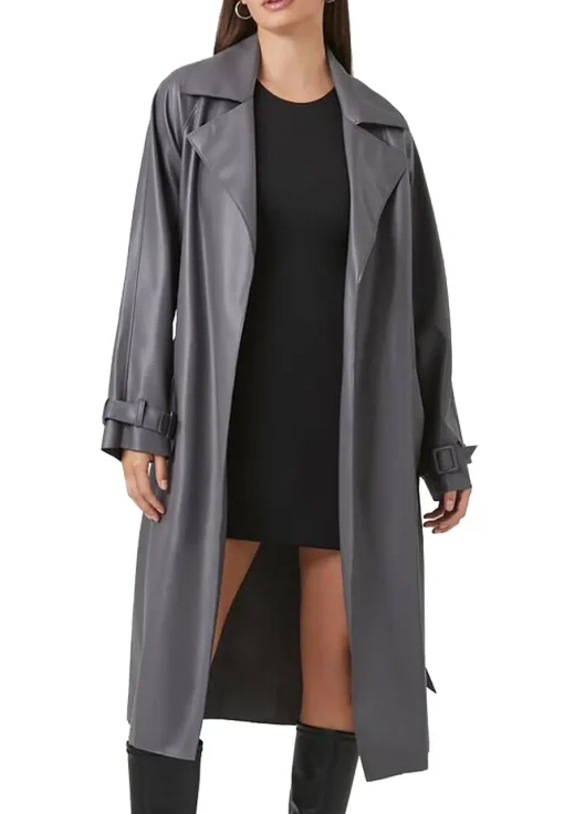 womens-grey-faux-leather-trench-coat