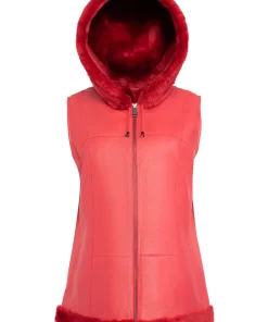 womens-hooded-red-faux-leather-shearling-vest