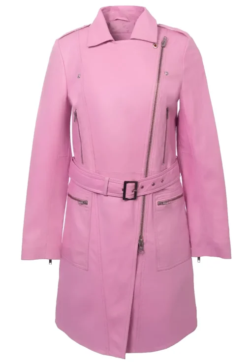 womens-pink-faux-leather-trench-coat