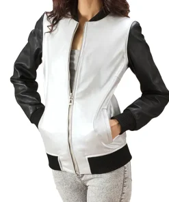 womens-silver-faux-leather-bomber-jacket-with-black-sleeves