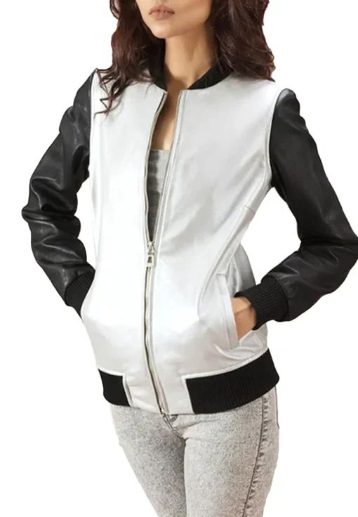 womens-silver-faux-leather-bomber-jacket-with-black-sleeves