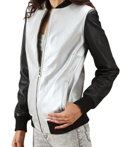 womens-silver-faux-leather-bomber-jacket-with-black-sleeves