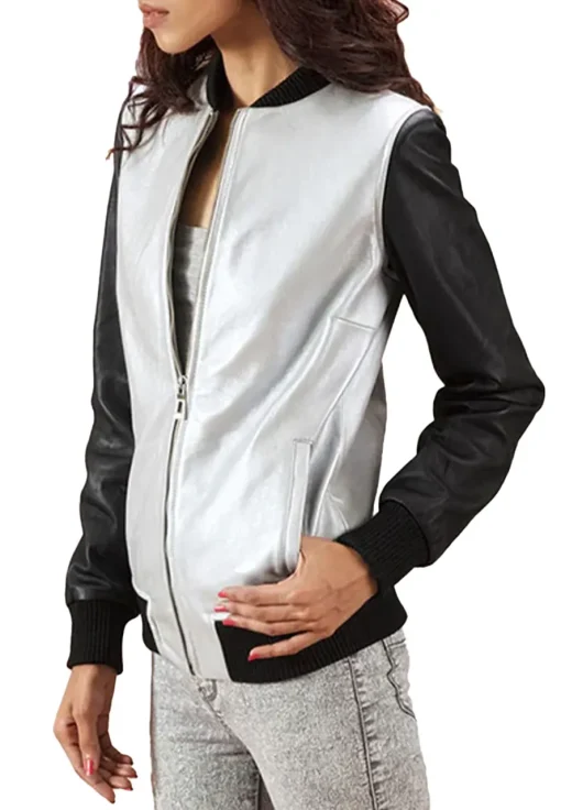womens-silver-faux-leather-bomber-jacket-with-black-sleeves