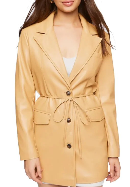 womens-tan-faux-leather-belted-blazer