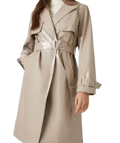 womens-taupe-belted-faux-leather-trench-coat