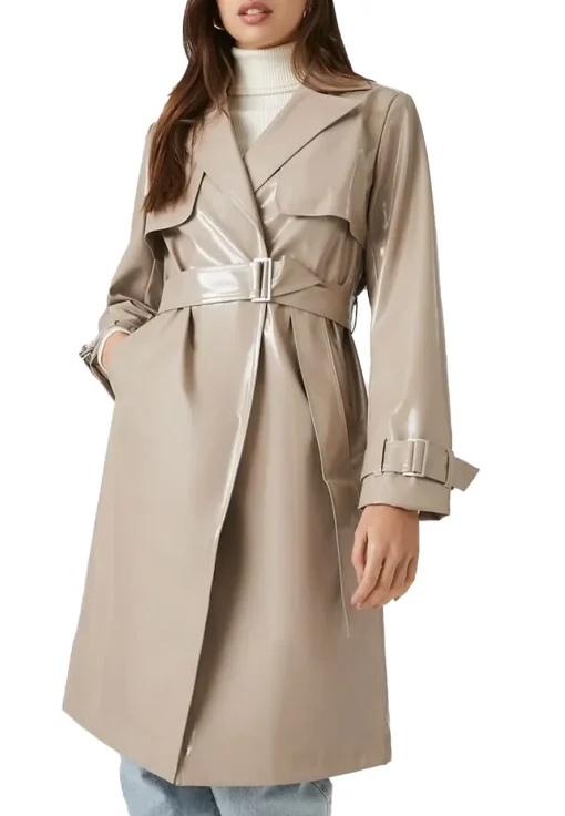 womens-taupe-belted-faux-leather-trench-coat