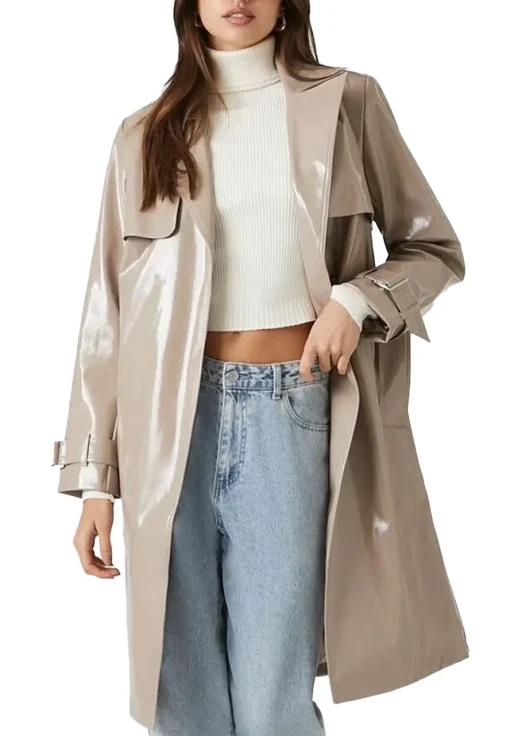 womens-taupe-belted-faux-leather-trench-coat