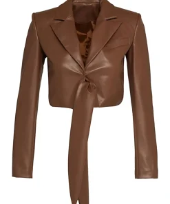 Women's Tie Detailed Brown Faux Leather Jacket