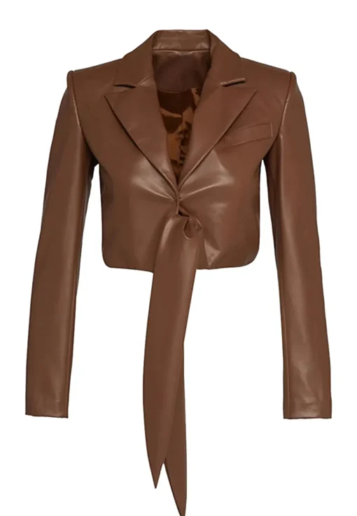 Women's Tie Detailed Brown Faux Leather Jacket