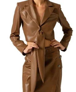 womens-tie-detailed-brown-faux-leather-jacket