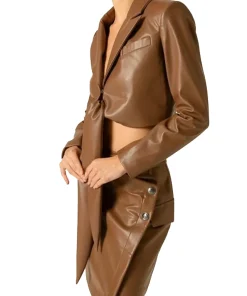 womens-tie-detailed-brown-faux-leather-jacket