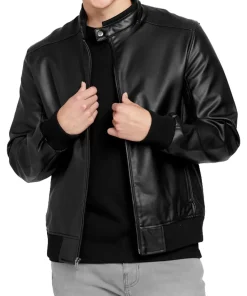 mens-black-farron-faux-leather-bomber-jacket