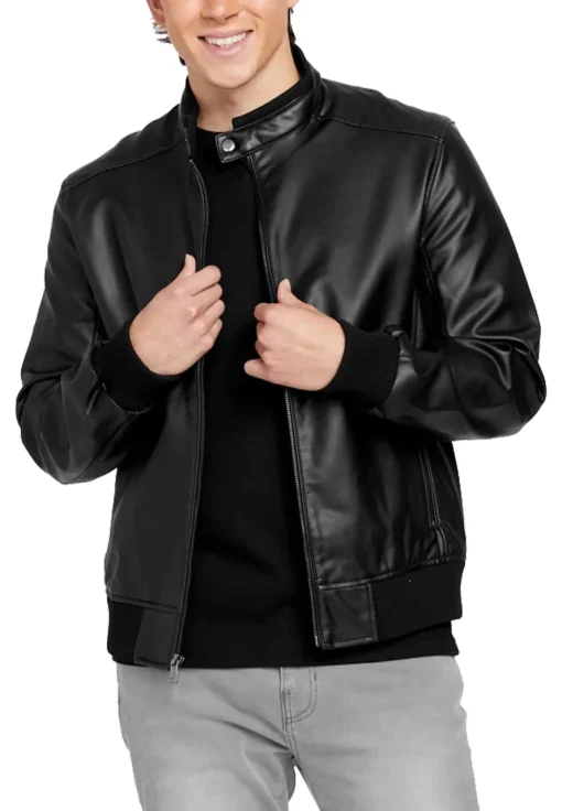 mens-black-farron-faux-leather-bomber-jacket