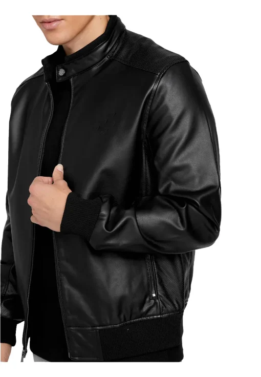mens-black-farron-faux-leather-bomber-jacket