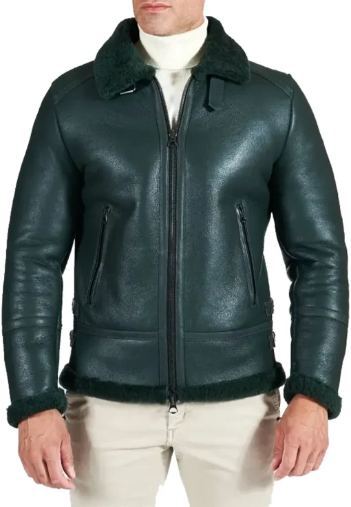 mens-buckle-collar-green-faux-leather-shearling-jacket